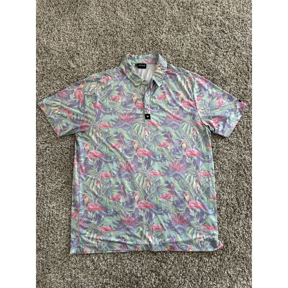 Bad Birdie Men's XL Polo Shirt Flamingo All Over Print Floral Performance Golf